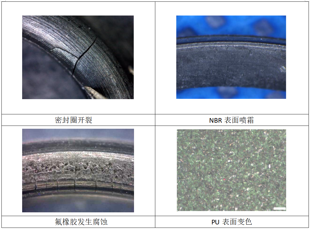 橡膠失效模式對(duì)比：密封圈開(kāi)裂、NBR噴霜、氟橡膠腐蝕與PU變色